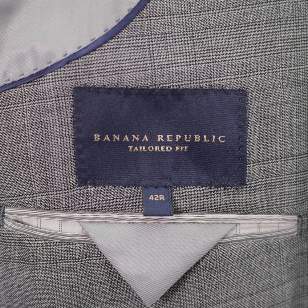 Banana Republic Wool 2 Piece Suit -40R  37 / 31.5- Gray Glen Plaid Flat Front Mi